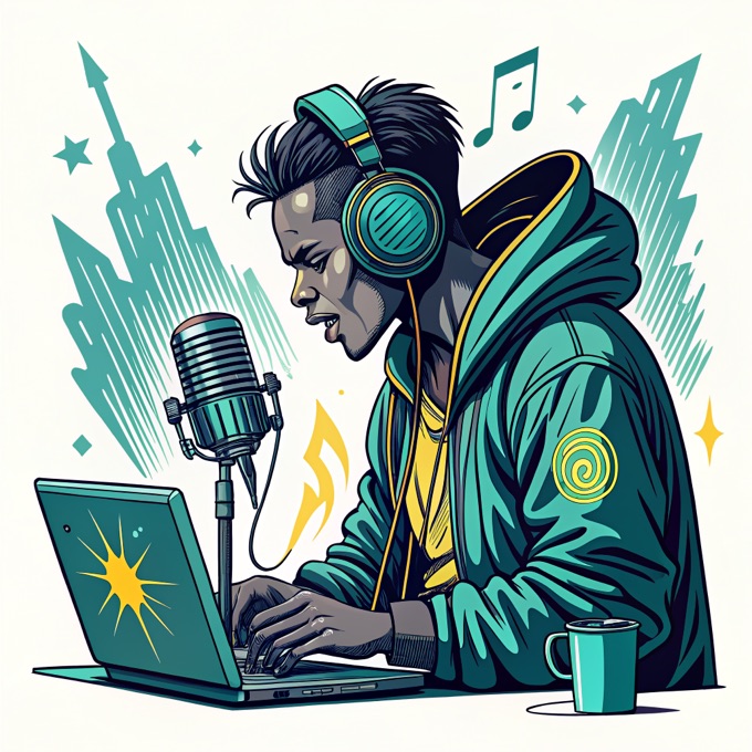 Eigener AI-Artist – Musikproduzent mit Kopfhörern im Studio, Comic-Illustration