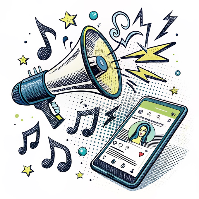 Firmensong und Werbe-Jingle – Megafon mit Noten und Social-Post, Comic-Illustration